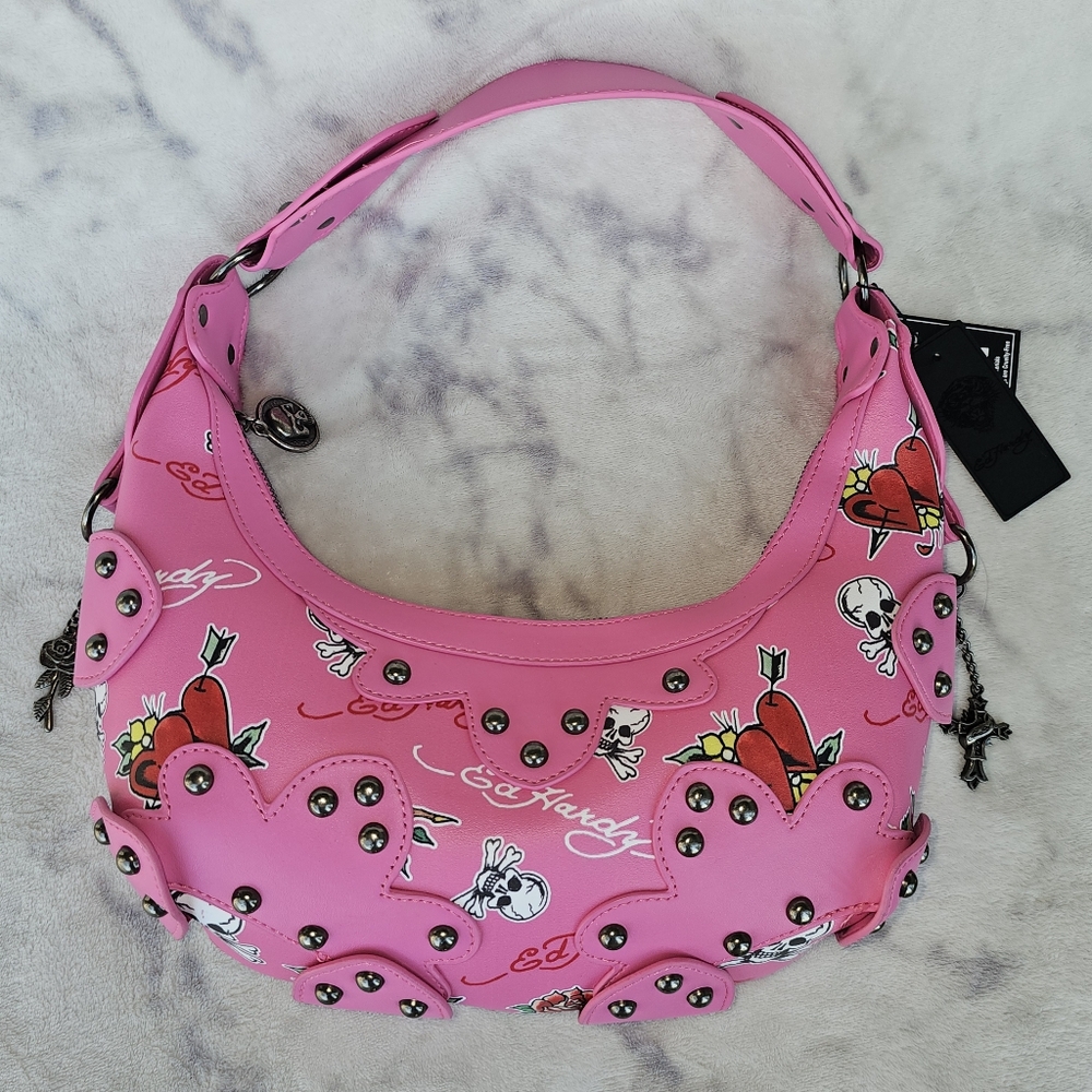 Ed Hardy Pink Studded Heart Shoulder Bag